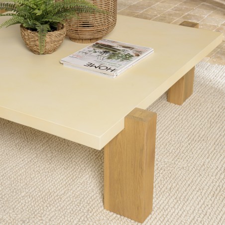 Table basse carrée GREGOIRE 114x114cm - Béton beige et bois de chêne