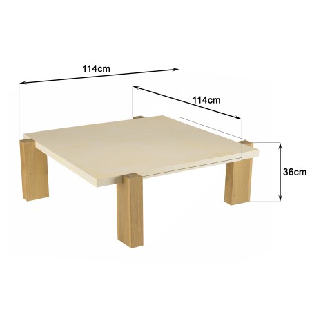 Table basse carrée GREGOIRE 114x114cm - Béton beige et bois de chêne
