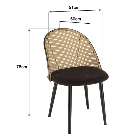 LEA Set of 2 Chairs - Black Fabric Seat and Cane-Effect Backrest