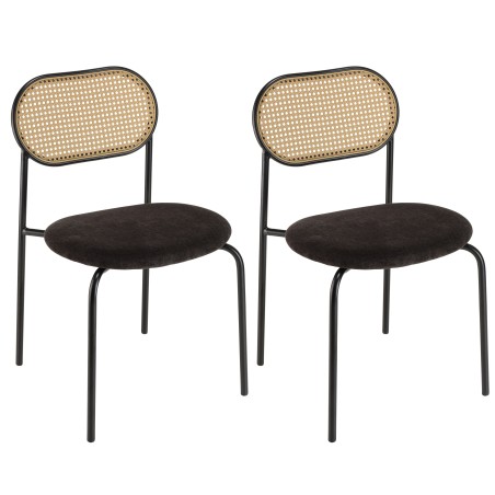 LEA - Set of 2 Chairs with Black Fabric Seat and Cane Backrest