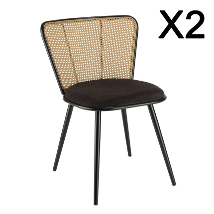 LEA Set of 2 Chairs - Black Fabric Seat & Cane-Effect Backrest