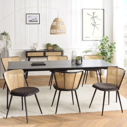 Lot de 2 chaises LEA - Assise tissu noir - Effet cannage