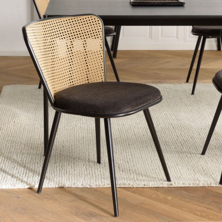 Lot de 2 chaises LEA - Assise tissu noir - Effet cannage