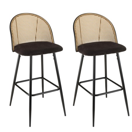 Lot de 2 tabourets de bar LEA - Assise tissu noir - Dossier effet cannage