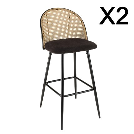 Lot de 2 tabourets de bar LEA - Assise tissu noir - Dossier effet cannage