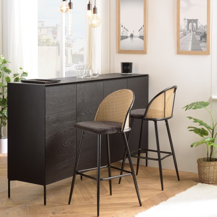 LEA - Set of 2 Bar Stools with Black Fabric and Cane Backrest
