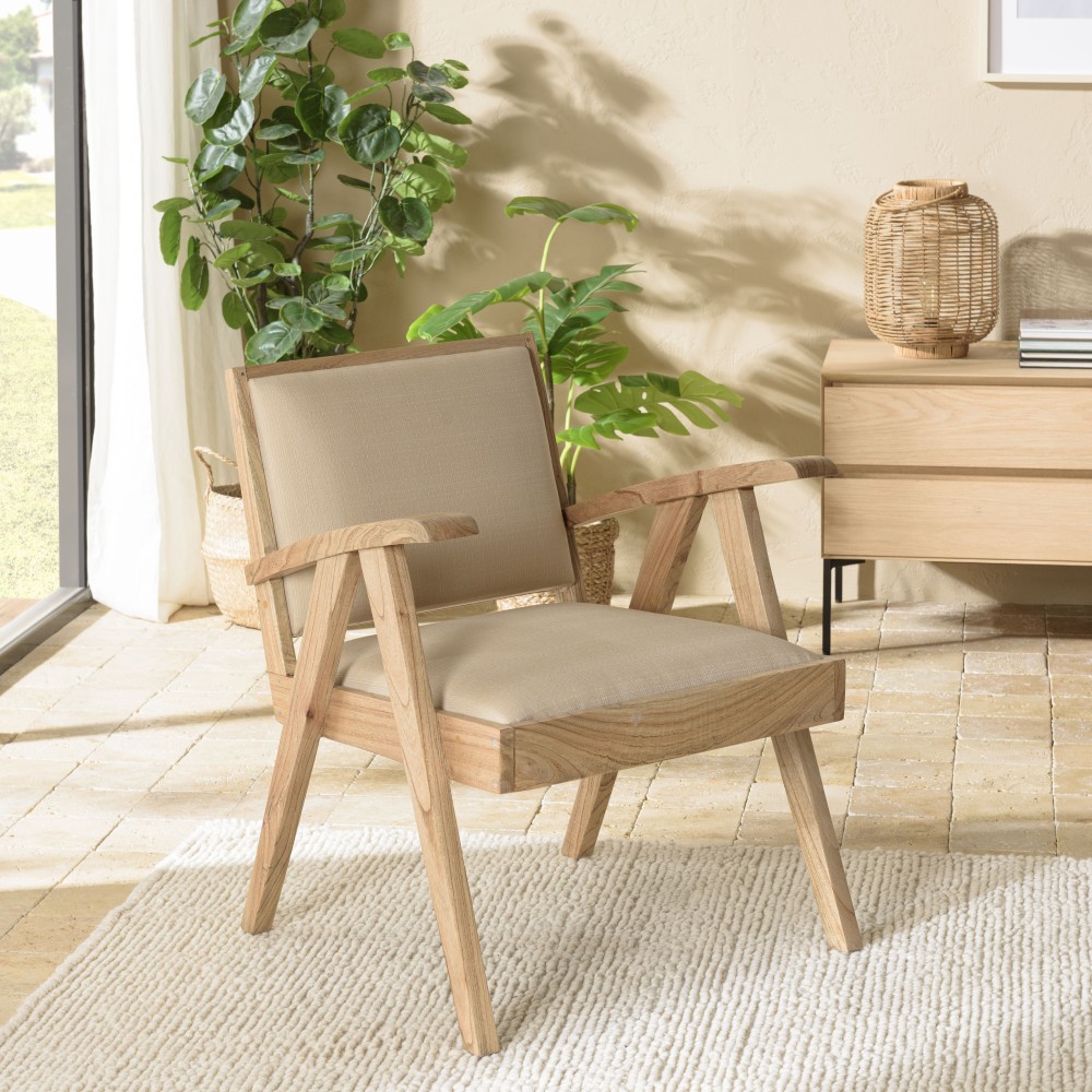 WALLY Armchair in Mindi Wood with Beige Textured Fabric Seat WALLY Armchair in Mindi Wood with Beige Textured Fabric Seat