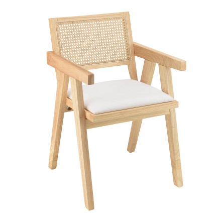 AGATHE Hevea Wood Armchair with White Fabric Seat and Rattan Backrest