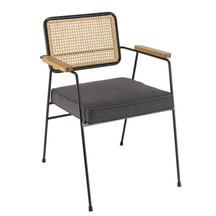 AGATHE Black Metal Armchair with Dark Grey Fabric Seat and Rattan Backrest