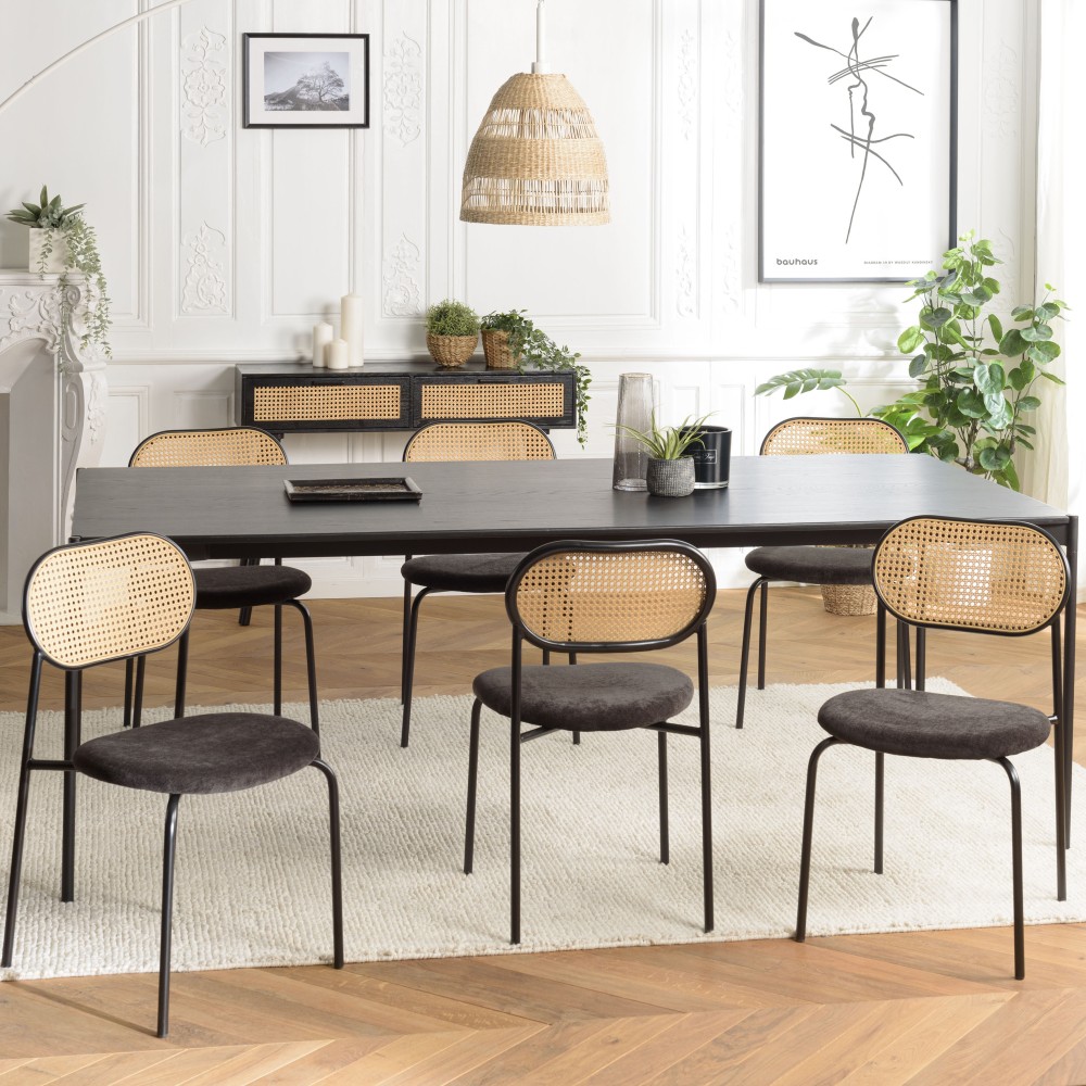 Lot 2 chaises LEA assise tissu noir et dossier cannage Lot 2 chaises LEA assise tissu noir et dossier cannage