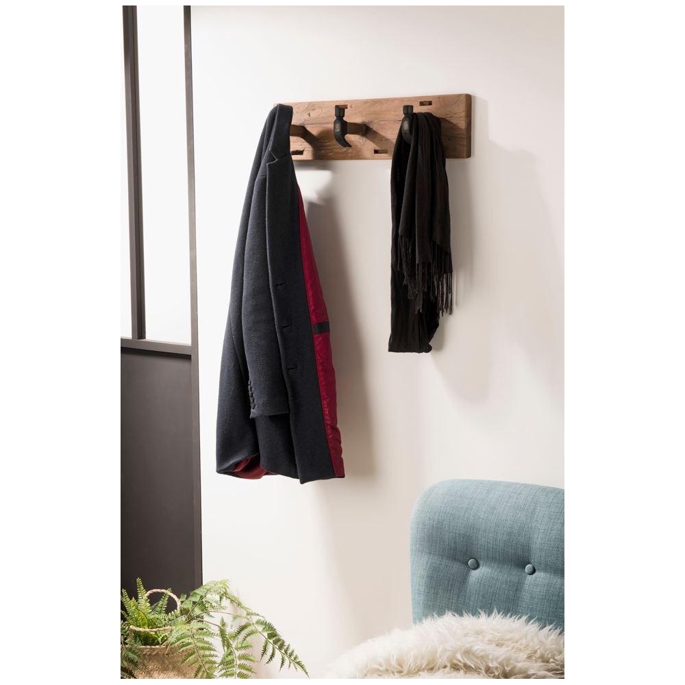 SIXTINE - Brown Wall Coat Rack 3 Hooks Recycled Teak and Metal