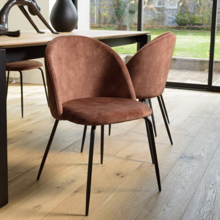 TOM - Set of 2 Mahogany Velvet Chairs with Rounded Backrest and Black Steel Legs