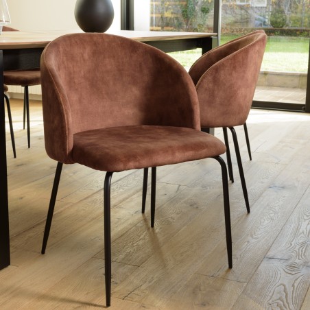 TOM - Set of 2 Mahogany Velvet Chairs | Steel Legs | Wraparound Backrest