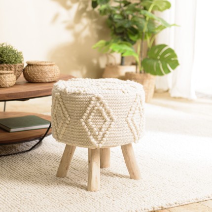 SACHA Round Stool - Ivory Diamond-Patterned Wool - 40 x 40 cm