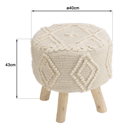 Tabouret rond SACHA 40x40cm laine motifs losanges ivoire