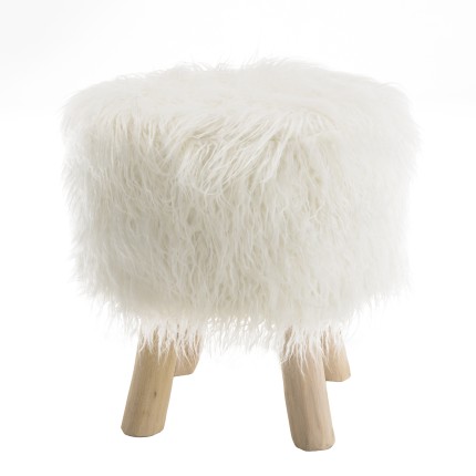 SACHA Round Stool 40x40cm Ivory Sheepskin with Wooden Legs