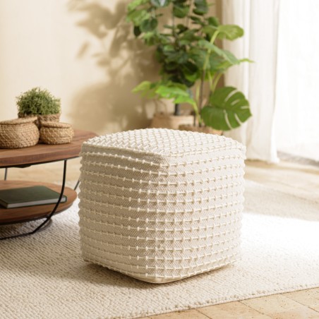 SACHA - Square Textured Ivory Wool Pouffe