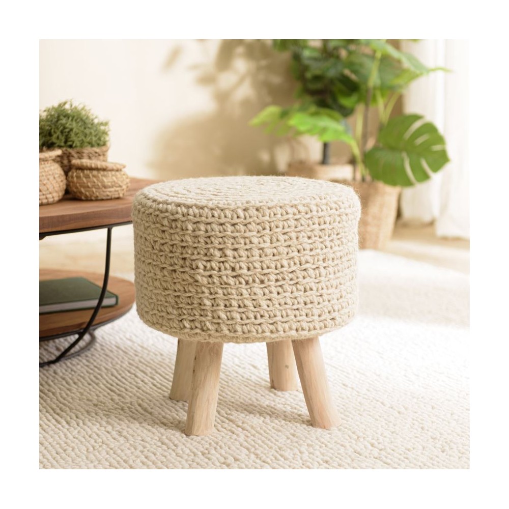 Tabouret rond en laine tressée ivoire SACHA Tabouret rond en laine tressée ivoire SACHA