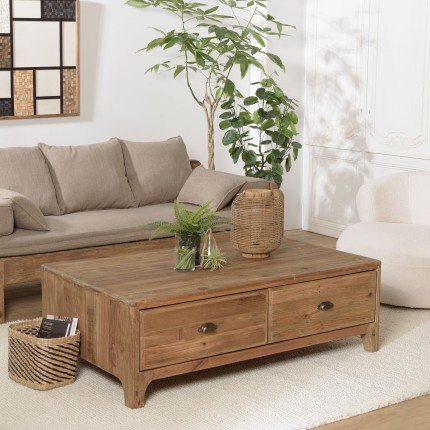 Table basse rectangulaire SANDY 140x85cm 4 tiroirs bois Pin recyclé