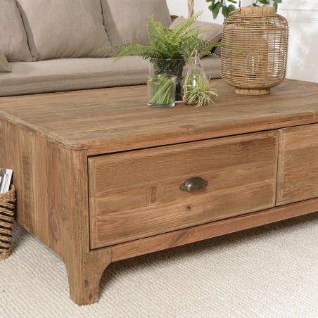 Table basse rectangulaire SANDY 140x85cm 4 tiroirs bois Pin recyclé