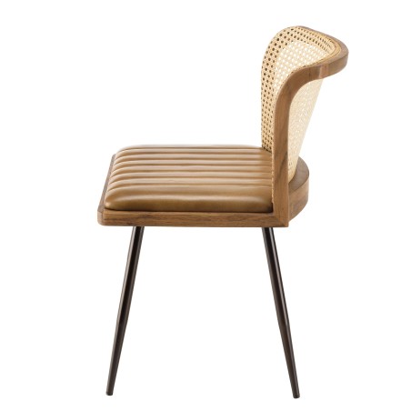 MARCEL Set of 2 Mango Wood Chairs - Padded Leather Seat & Rattan Backrest