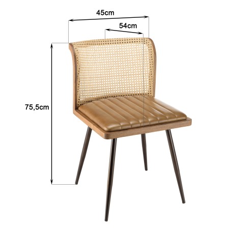 MARCEL Set of 2 Mango Wood Chairs - Padded Leather Seat & Rattan Backrest