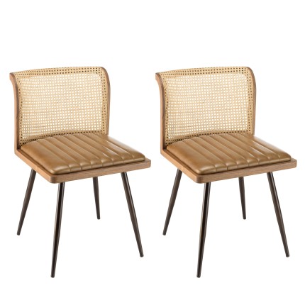 MARCEL Set of 2 Mango Wood Chairs - Padded Leather Seat & Rattan Backrest