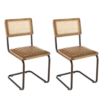 MARCEL Set of 2 Mango Wood Chairs with Padded Leather Seat and Retro Legs