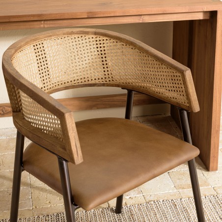 MARCEL Set of 2 Armchairs - Leather Seat, Mango Wood & Rattan Backrest