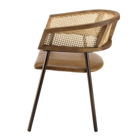 MARCEL Set of 2 Armchairs - Leather Seat, Mango Wood & Rattan Backrest
