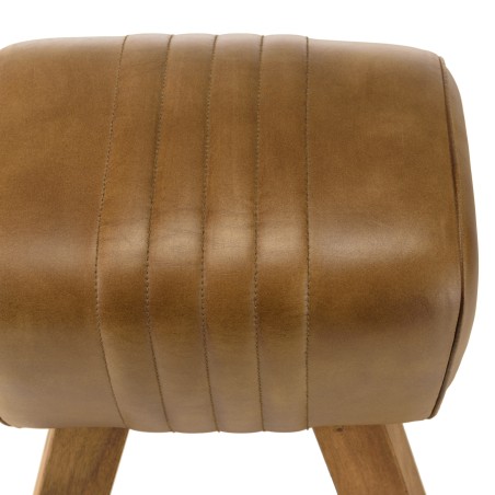 MARCEL Brown Leather Upholstered Stool with Slanted Mango Wood Legs