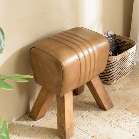 Tabouret en cuir marron MARCEL - Pieds inclinés en manguier
