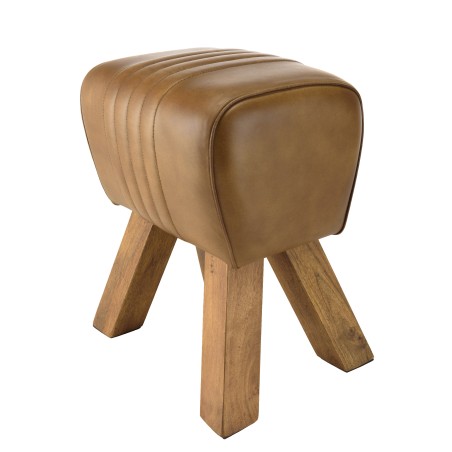 Tabouret en cuir marron MARCEL - Pieds inclinés en manguier
