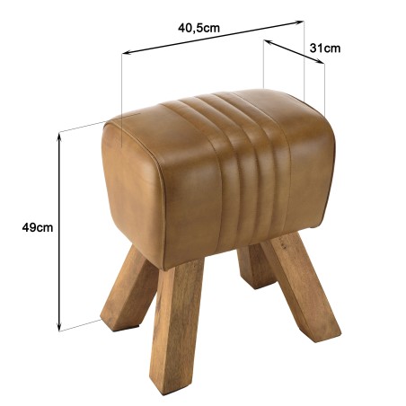MARCEL Brown Leather Upholstered Stool with Slanted Mango Wood Legs