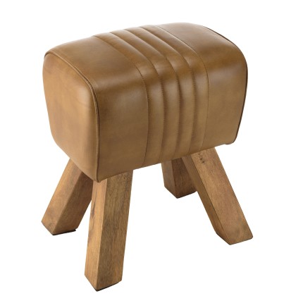 Tabouret en cuir marron MARCEL - Pieds inclinés en manguier