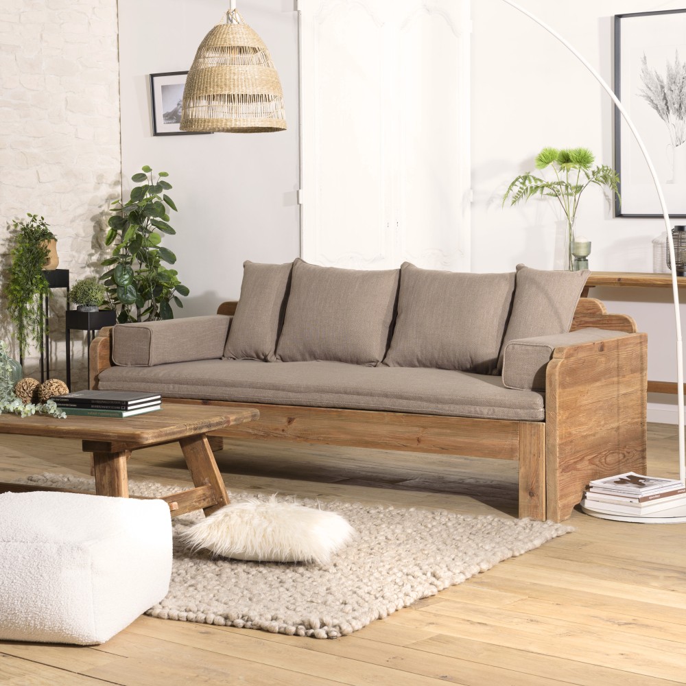 SANDY - 3-Seater Sofa Bed in Recycled Pine Wood with Cushions SANDY - 3-Seater Sofa Bed in Recycled Pine Wood with Cushions