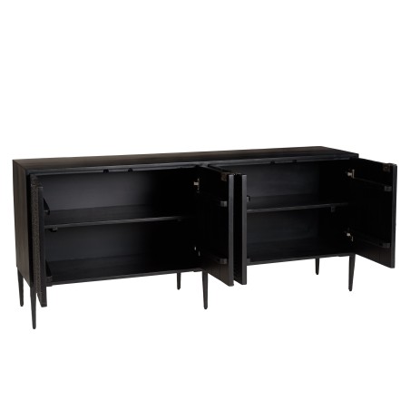 GLORIA - Black Mango Wood Sideboard with 4 Carved Doors and Metal Legs