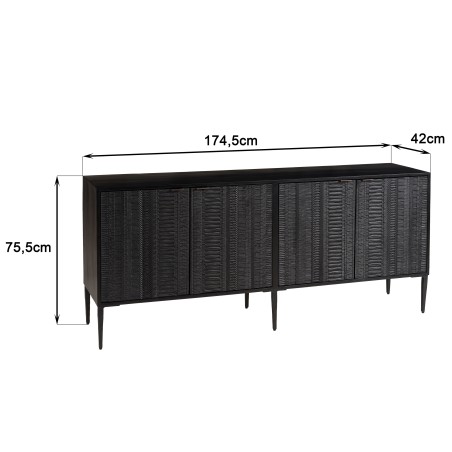 GLORIA - Black Mango Wood Sideboard with 4 Carved Doors and Metal Legs