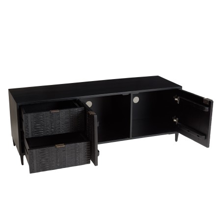GLORIA Black Mango Wood TV Stand - 2 Doors, 2 Carved Drawers