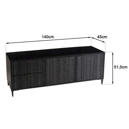 GLORIA Black Mango Wood TV Stand - 2 Doors, 2 Carved Drawers