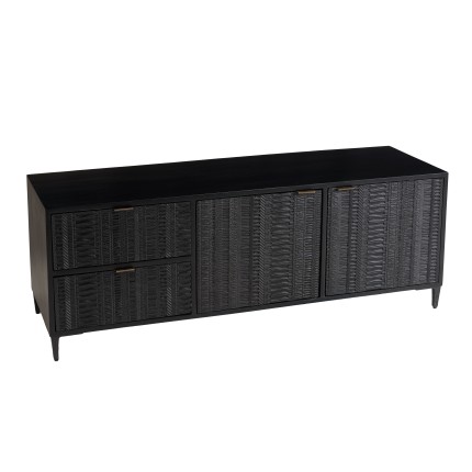 GLORIA Black Mango Wood TV Stand - 2 Doors, 2 Carved Drawers