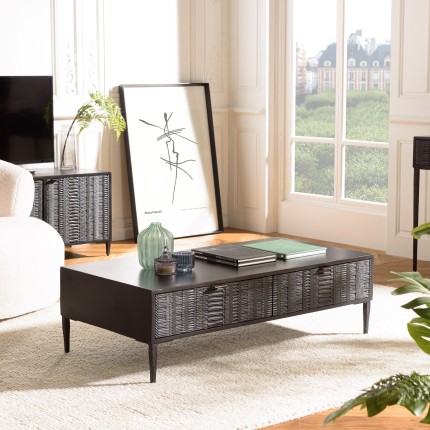 GLORIA Black Mango Wood Coffee Table with 2 Carved Drawers