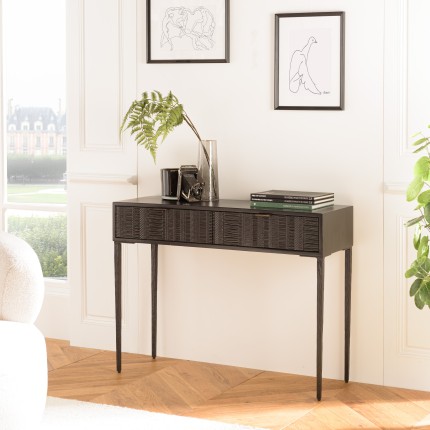 Console GLORIA en manguier noir - 2 tiroirs sculptés