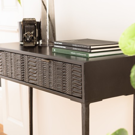 Console GLORIA en manguier noir - 2 tiroirs sculptés