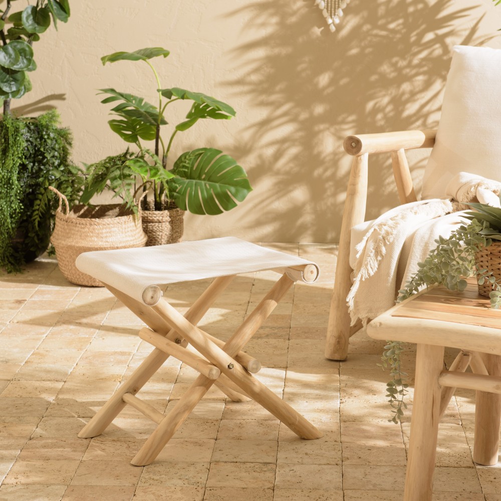 Tabouret pliant en branches de teck - Pieds croisés - Assise tissu Tabouret pliant en branches de teck - Pieds croisés - Assise tissu