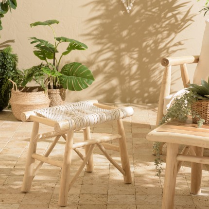 Tabouret WILL en teck naturel et macramé blanc