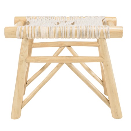 Tabouret WILL en teck naturel et macramé blanc