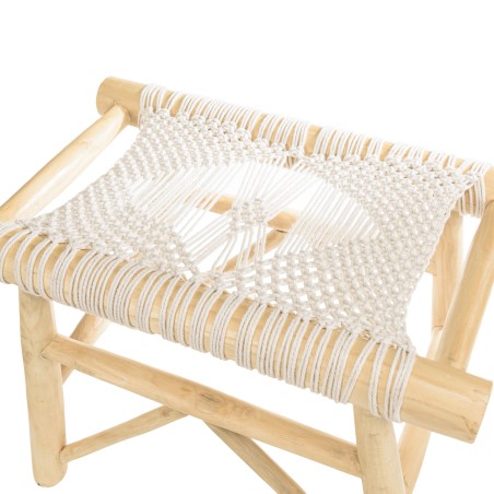 Tabouret WILL en teck naturel et macramé blanc