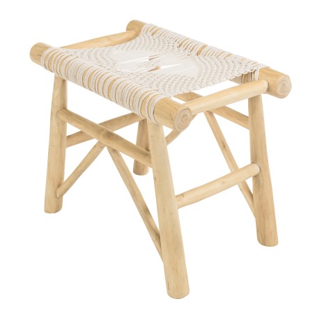 Tabouret WILL en teck naturel et macramé blanc
