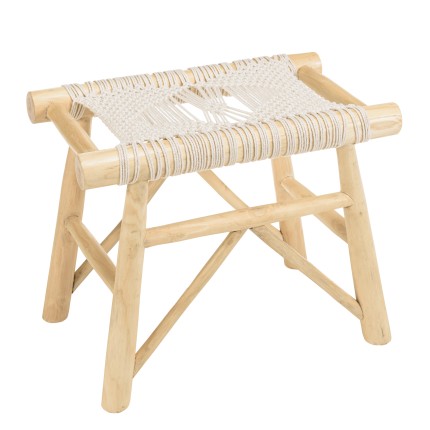Tabouret WILL en teck naturel et macramé blanc